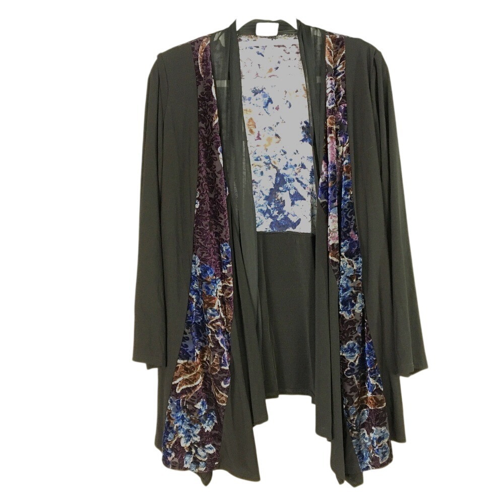 Clientele Burnout Velvet Floral Open Front Cardigan L Black
